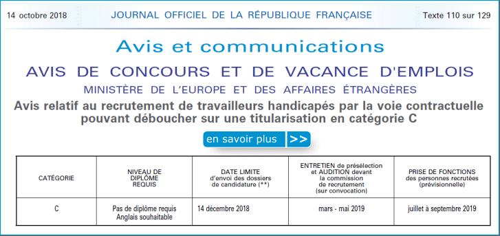 Avis de recrutement de personnes en situation de handicap en cat�gorie C au titre de 2019