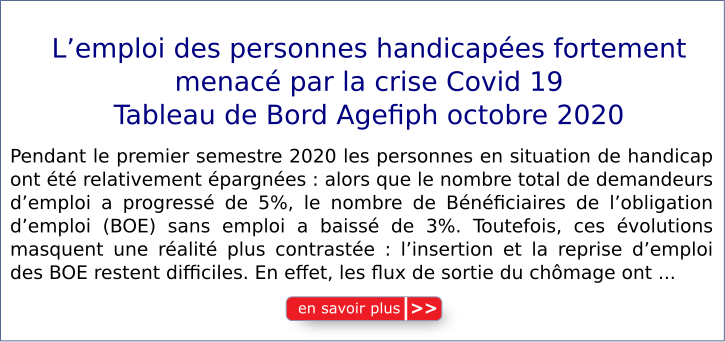 L'emploi des personnes handicap�es fortement menac� par la crise Covid 19 - Tableau de Bord Agefiph octobre 2020