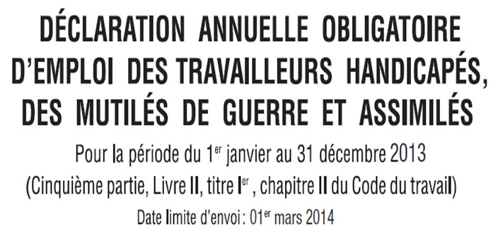 D�claration Obligatoire d'Emploi des TH 2013, � restituer au 1er mars 2014 !